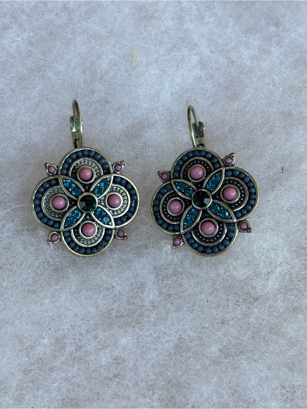 Vintage Pink and Blue Floral Filigree Drop Earrings